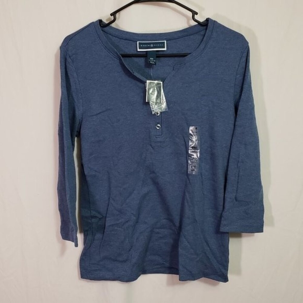 Karen Scott Women's Cotton Henley Top 3/4 Sleeve in Blue (AH)
